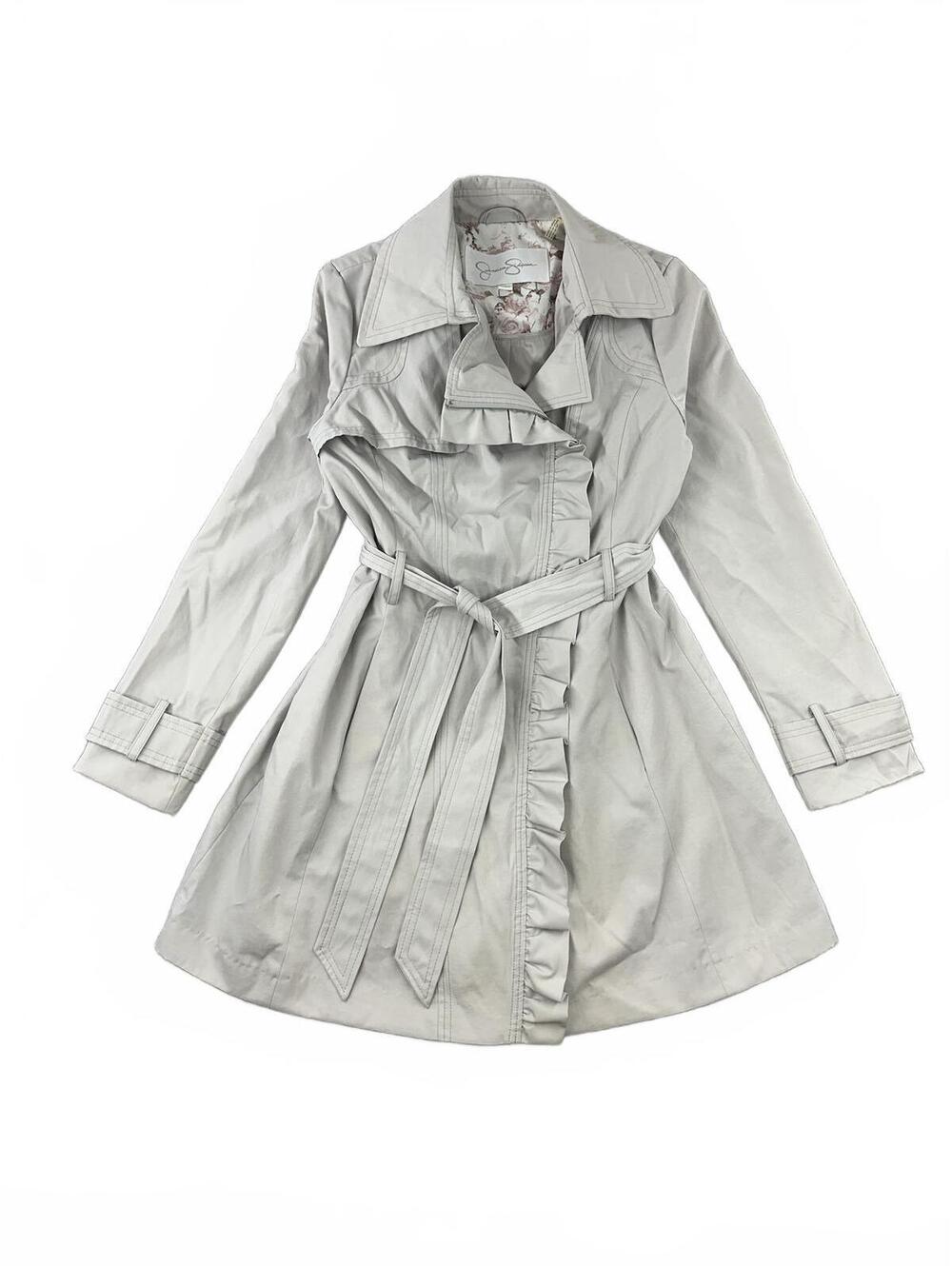 Jessica Simpson Light Beige/Grey Ruffle Trim Trench Coat - Picture 2 of 7